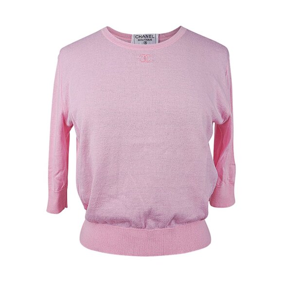 Chanel Vintage Top Pink Cotton Embroidered CC 40 / 6 - Picture 1 of 5